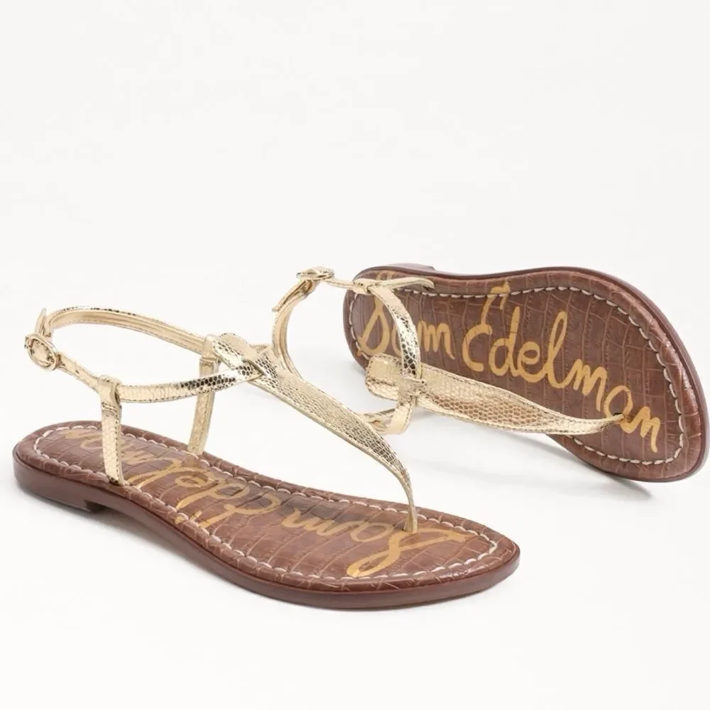 Sam Edelman GIGI Gold Metallic Reptile Embossed Leather T Strap Thong Sandals
